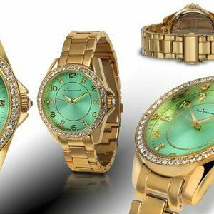 Jeanneret 2003 Women's Rosetta Swarovski Crystals Green Dial Gold Bracelet Watch